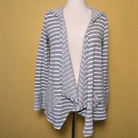 Blue Sax Fifth Avenue Cardingan Hoodie Sweatshirt Gray White Striped Small EUC - Picture 1 of 8